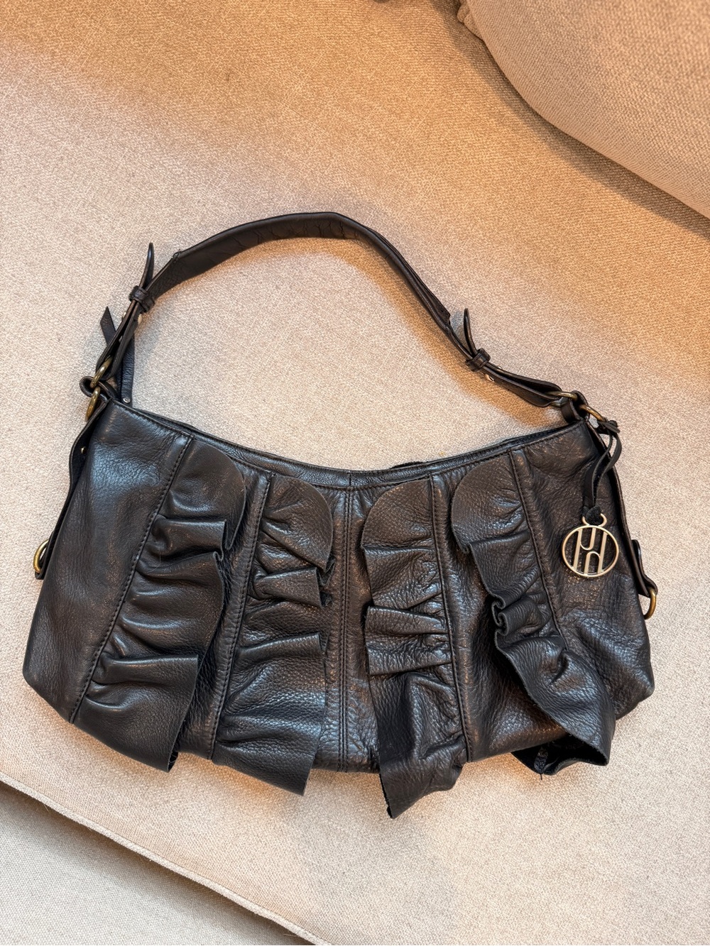 Y2K Hayden-Harnett Black Leather Ruffle Fringe Hobo Bags
